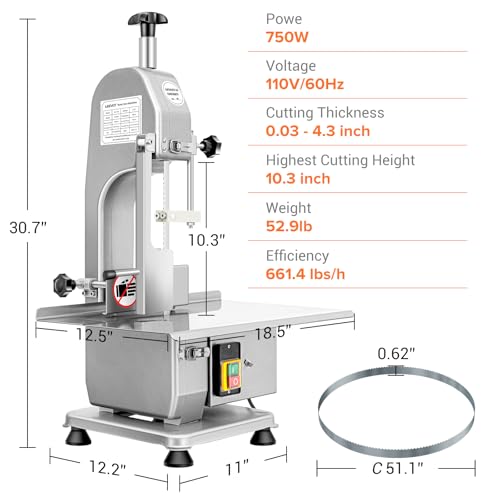 Commercial Electric Meat Saw, 750W Bone Saw For Butchering,110V Meat Bandsaw, Bone Cutting Machine with 2 Saw Blades,0.39-4.3 Cutting Thickness,Sawing for Chicken Fish Chops Bone Trotter Beef