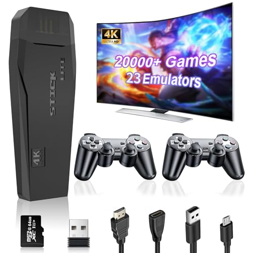 QEUVOON Wireless Retro Game Console Stick, Upgrade Retro Video Gaming Stick Built in 20000+ Games with 23 Emulators, 4K HDMI Output with 2 Pack 2.4G Wireless Controllers for Nostalgia Gifts-64GB