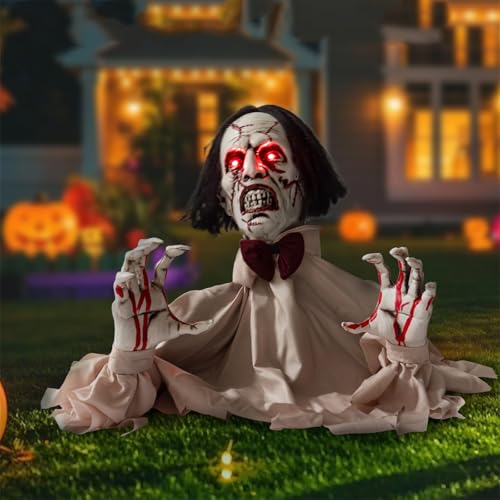 Halloween Zombie Groundbreaker Decoration,Scary Animatronics Zombie with Lighted Red Eyes and Sounds for Outdoor Graveyard Haunted House Decor,Voice Activated Animated Swing Head Zombies Prop