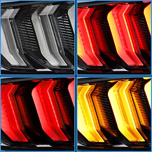 VLAND LED Rear Lights Compatible with Mustang 2015-2023 w/Sequential Amber/Red Turn Signal (5 Lighting Modes Switchable), Transparent Lens Taillight Assembly, Passenger&Driver Sides