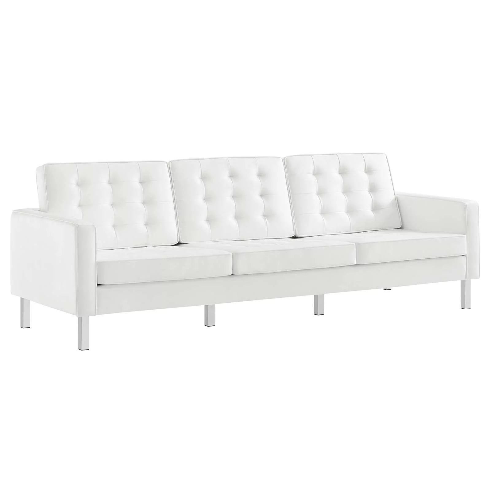 Modway Loft Tufted Vegan Leather Upholstered 3-Piece Living Room Furniture Set in Silver White
