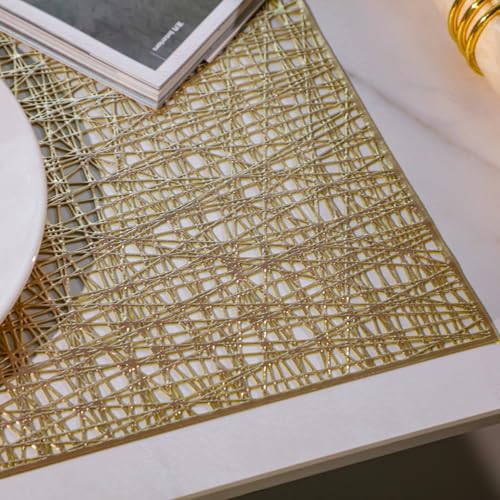 Snowkingdom Gold Placemats Set of 4, Golden Vinyl Rectangle Metallic Wipeable Place mats, Washable Non Slip Stain Resistant Hollow Kitchen Dining Table Mats for Halloween Wedding Party Decoration