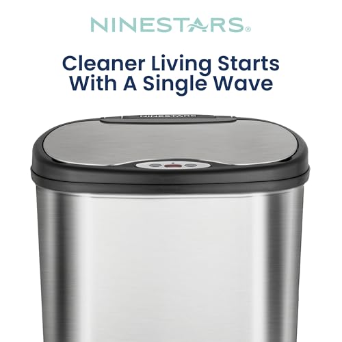 NINESTARS 13 Gallon Kitchen Trash Can, Automatic Touchless Motion Sensor Trash Can with Black Lid, 50 Liter Stainless Steel Garbage Bin, Oval, DZT-50-13