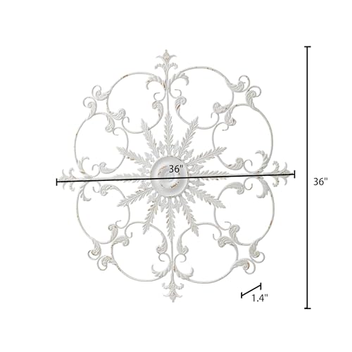 Sintosin Vintage Large Wrought Iron Wall Decor 36 Inches, Hanging Distressed White Round Metal Wall Art, Rustic Medallion for Fireplace, Antique Circular Fleur De Lis Wall Decor Living Room Bedroom