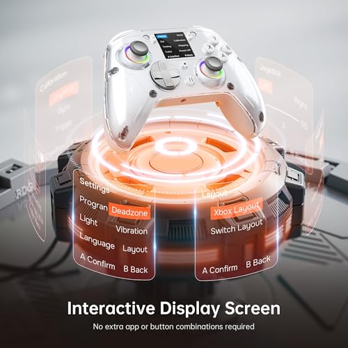 GUSGU G7 Wireless Gaming Controller with Interactive Screen, 1000Hz Polling Rate, Hall Joysticks & Triggers, 4 Programmable Buttons, Compatible with PC, Switch, PS4, iOS, Android, Gray