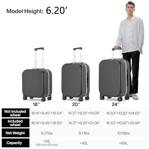 mixi Carry On Luggage, 20'' Suitcase with Front Laptop Pocket, Travel Rolling Luggage Aluminum Frame PC Hardside with Spinner Wheels & TSA Lock and Cover - Smoke White