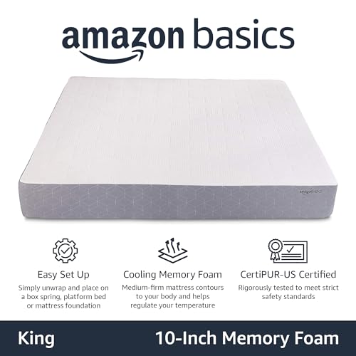 Amazon Basics Cooling Infused Gel Memory Foam Mattress, Medium-Firm, CertiPUR-US Certified, King Size, 10 Inch, White/Gray