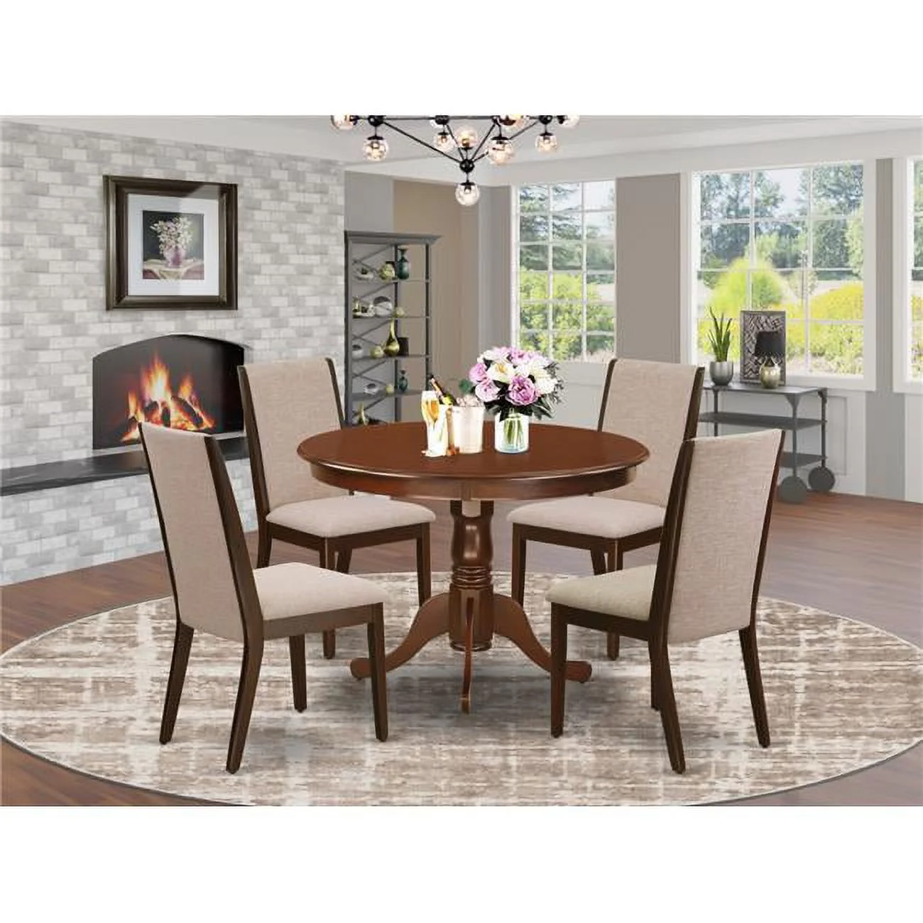 5 Piece Hartland Dining Room Table Set - Mahogany & Light Tan
