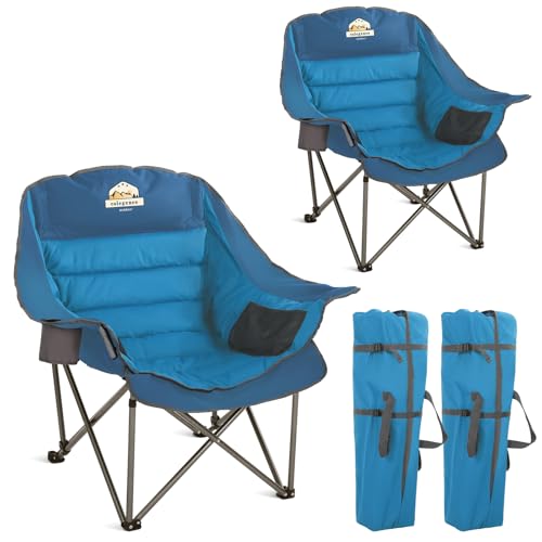 Oversized XL Padded Camping Chair Wide Heavy Duty Lawn Chairs Support 450 LBS Portable Folding Gaint Plus Camp Chair with Side Pocket Cup Holder for Outdoor Outside Sports Baseball-Blue