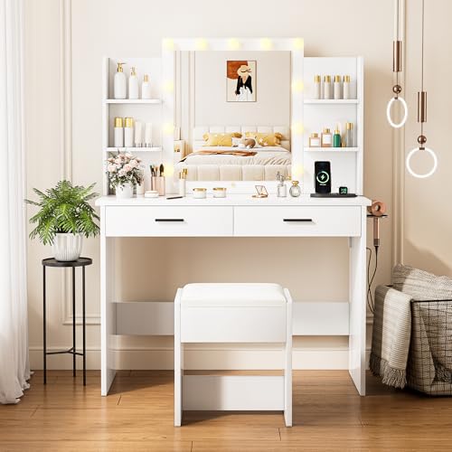 Vanity Desk with Lighted Mirror, Dressing Table Set with 2 Drawers, Power Strip and Stool, 3 Lighting Color Adjustable, Makeup Table for Bedroom
