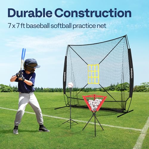 VIVOHOME Baseball Softball Hitting Net with Large Ball Collection System, 7 x 7 ft Baseball Batting Pitching Net with Tee, 2 Strike Zone, Carry Bag