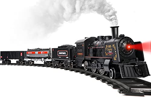 Hot Bee Train Set for Boys, Metal Alloy Electric Trains w/Steam Locomotive, Cargo Cars & Tracks, Train Toys w/Smoke, Sounds & Lights, Christmas Toys Gifts for 3 4 5 6 7 8+ Years Old Kids
