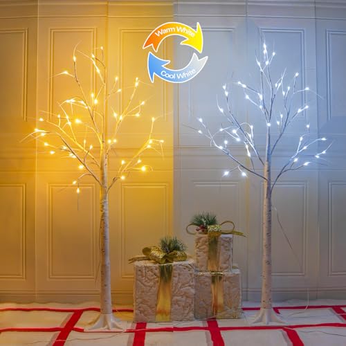 Albelt 2-Pack 4FT Lighted Birch Tree, Birch Christmas Tree for Indoor & Outdoor, Upgraded 96 LED Birch Tree Lights for Outdoor Christmas Decorations Indoor Home Thanksgiving (Warm White & Cool White)
