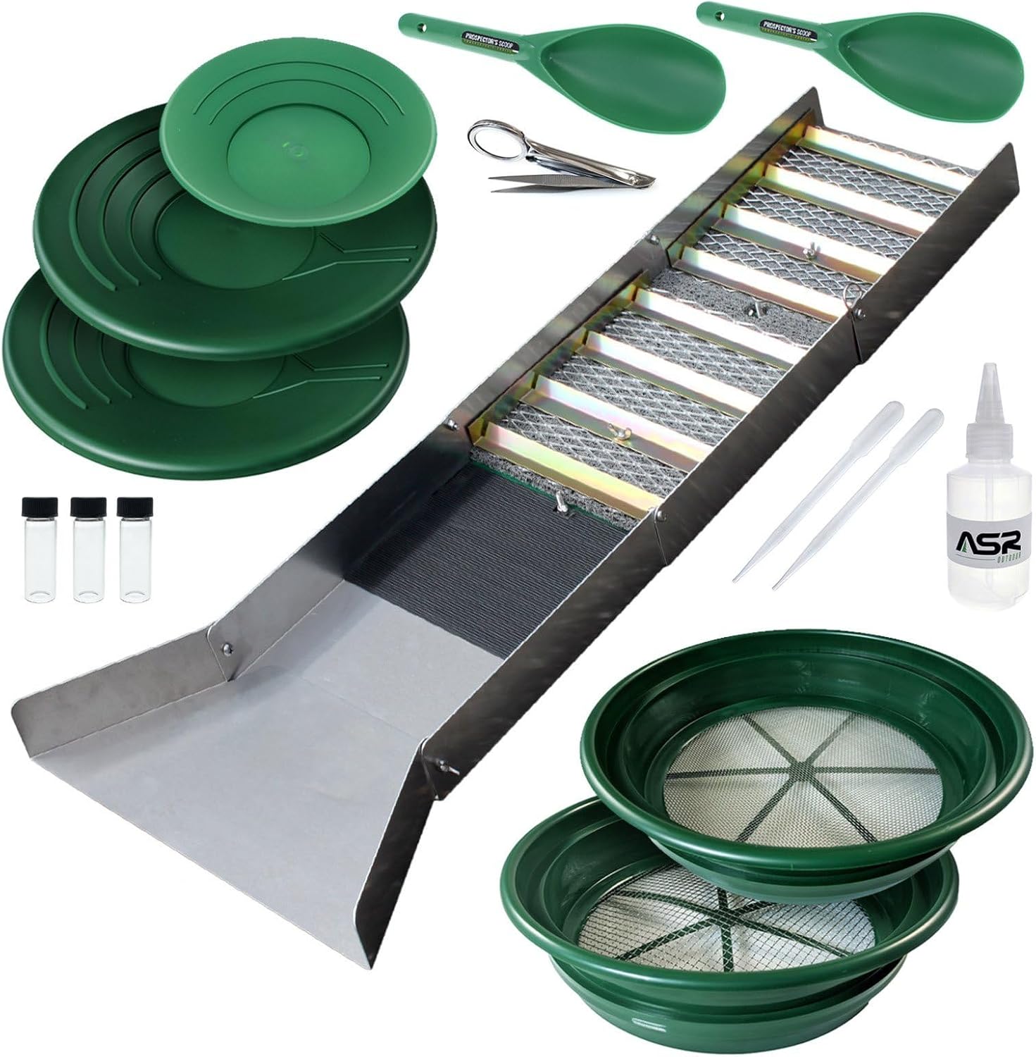 ASR Outdoor 50 Inch Folding Sluice Box and Classifier Screens, 16pc Gold Prospecting Equipment Kit All in One
