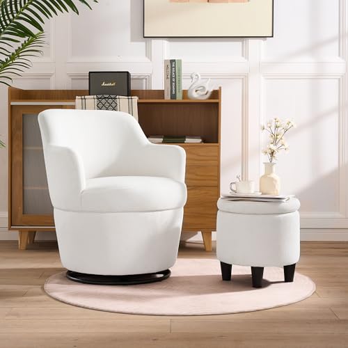 360° Swivel Accent Chairs with Ottoman, Modern Comfy Fabric Barrel Living Room Chair, Leisure Bedroom Armchair with Footstool, Blue