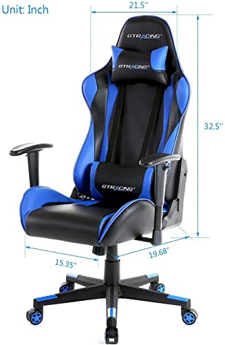 GTRACING Gaming Chair with Footrest, Ergonomic Computer Game Desk Chair, Recline Gaming Chair Seat Height Adjustment, Swivel Rocker with Headrest and Lumbar (Blue)