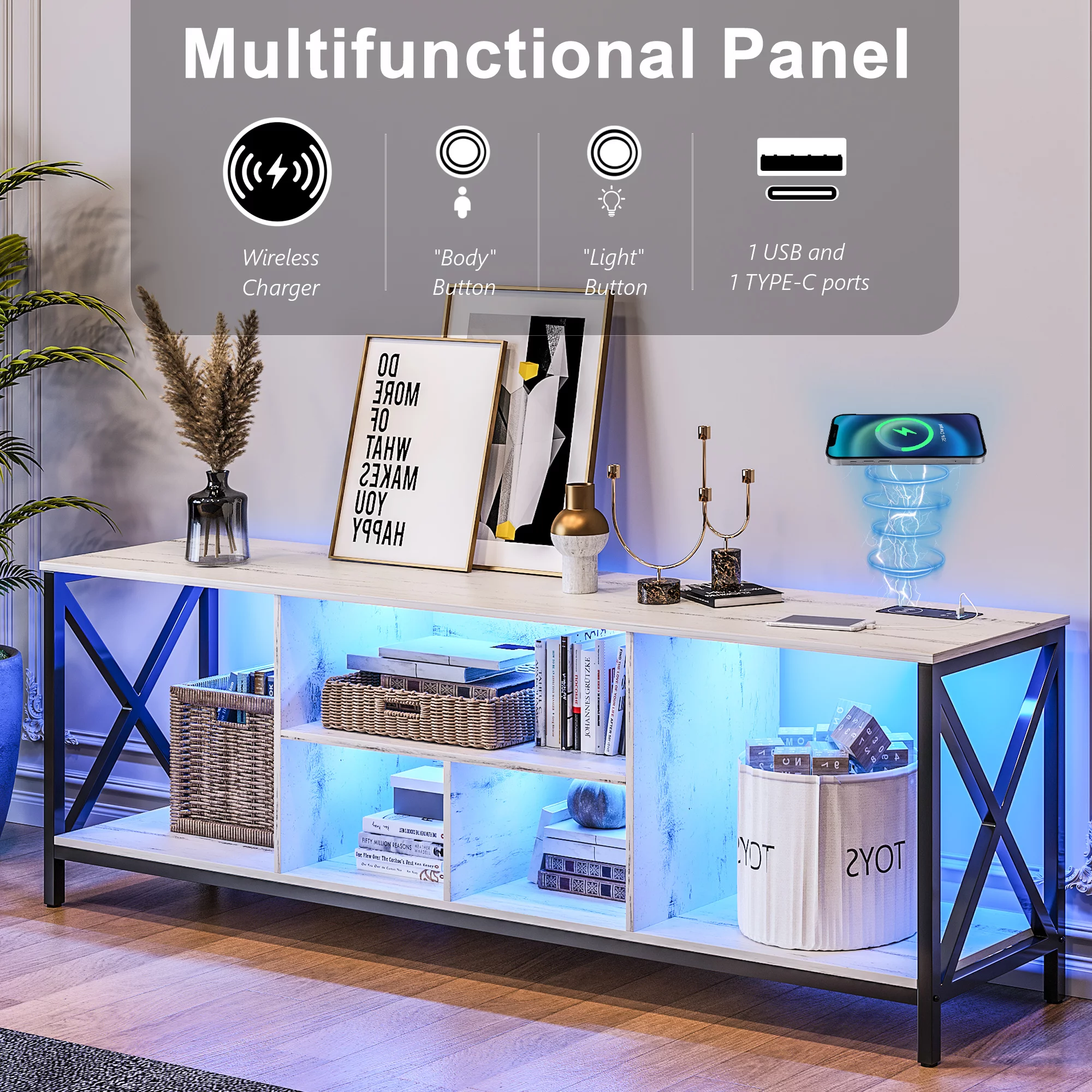 HNEBC LED White TV Stand with USB/Wireless Charging Station,Television Stands with Auto Induction/Adjustable LED Lights,TV Stand for 75+ inch TV and Storage Cabinet Suitable for Living Room (White)