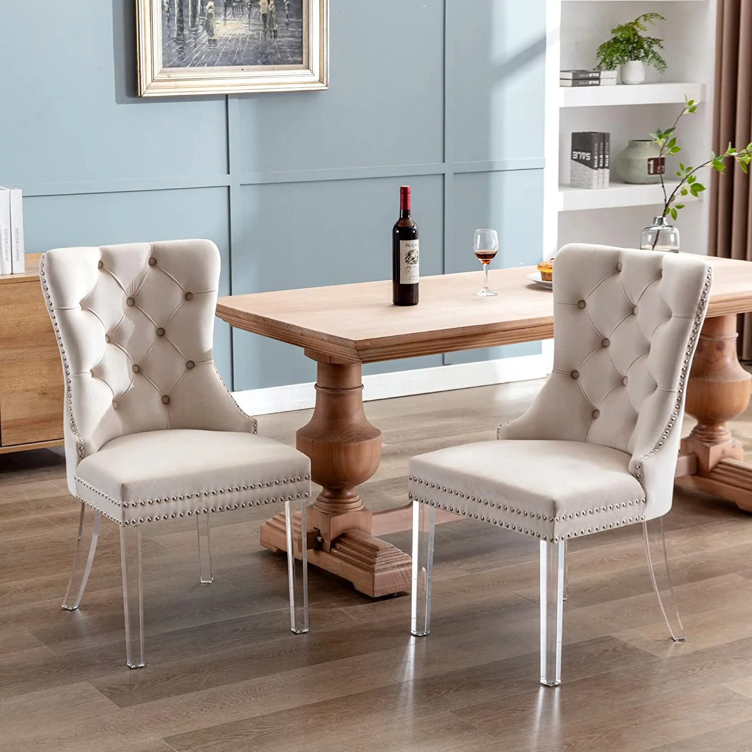 Velvet Dining Chairs Set of 2, Upholstered High-end Tufted Dining Room Chair with Nailhead Back Ring Pull Trim Solid Acrylic Legs,  Nikki Collection Modern Style for Kitchen, Beige