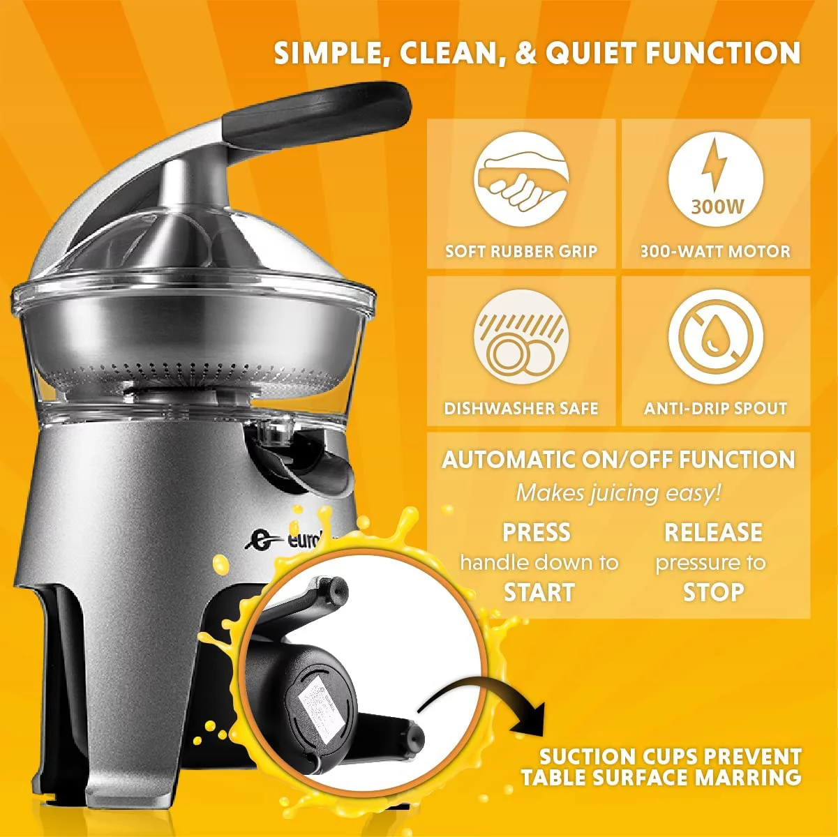Eurolux Die Cast Stainless Steel Electric Citrus Juicer Squeezer  for Orange  Lemon  Grapefruit | 300 Watts of Power  With 2 Stainless Steel Filter Sizes for Pulp Control