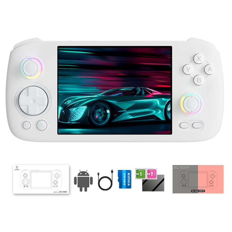 RG 406H Retro Handheld Game Console with 4-inch IPS Screen RGB Lighting Handheld Retro Gaming Console with Android 13 System and 128G TF Card 5000mAh Battery white