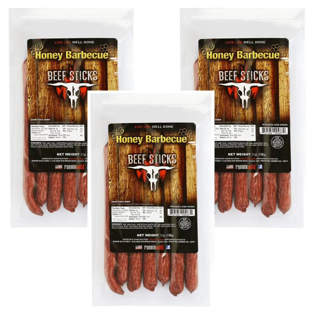 Honey Barbecue Beef Sticks | 100% Beef Sticks | Set of 3 bags, 7 ounces each