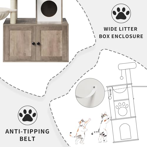 57.5-Inch Cat Tree with Litter Box Enclosure 2-in-1 Modern Cat Tower with Cat Condo/Hammock/Scratching Post/Plush Perch/Removable Pompom Sticks/Caves, Wooden Hidden Litter Box Furniture, Oak Brown