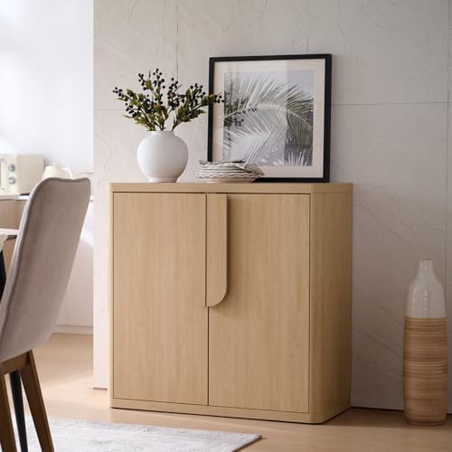 34'' Sideboard Buffet Cabinet W/Storage, Modern Accent Cabinets W/Curved Handles & Adjustable Shelves, 4 Doors Coffee Bar Buffet Table Credenza for Living Room Kitchen Hallway, Natural