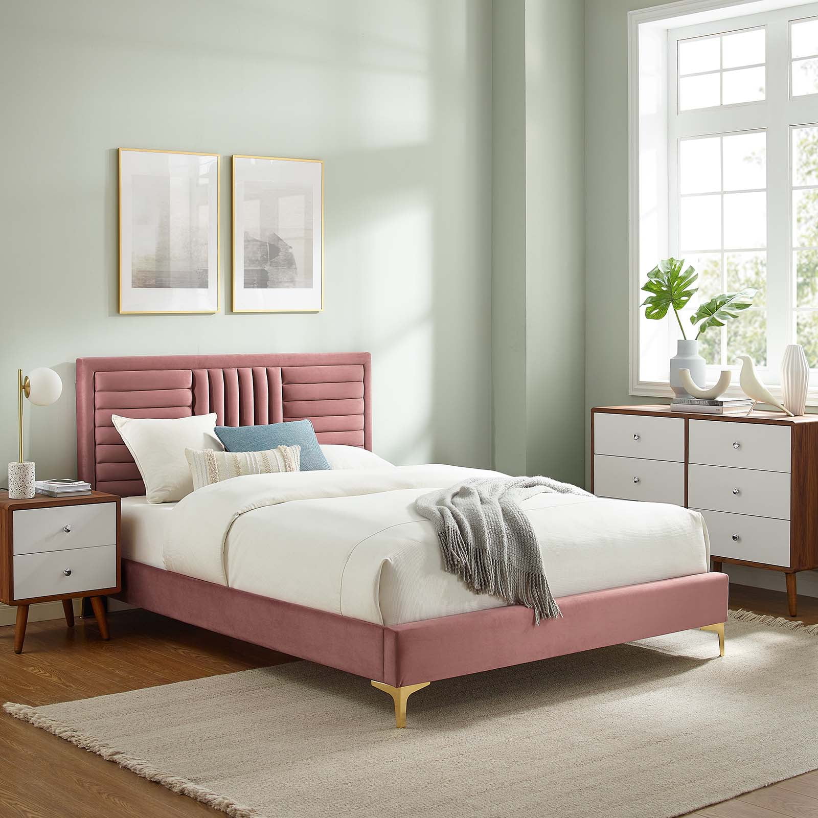 Modway Sofia Channel Tufted Performance Velvet King Platform Bed in Dusty Rose