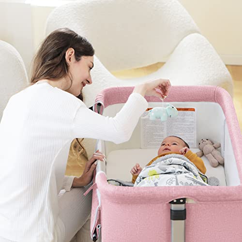 Ihoming Baby Bassinet Bedside Sleeper, Baby Bed Side Crib with Storage Basket, Easy Folding Bassinets, Adjustable Baby Bed for Infant Newborn, Pink