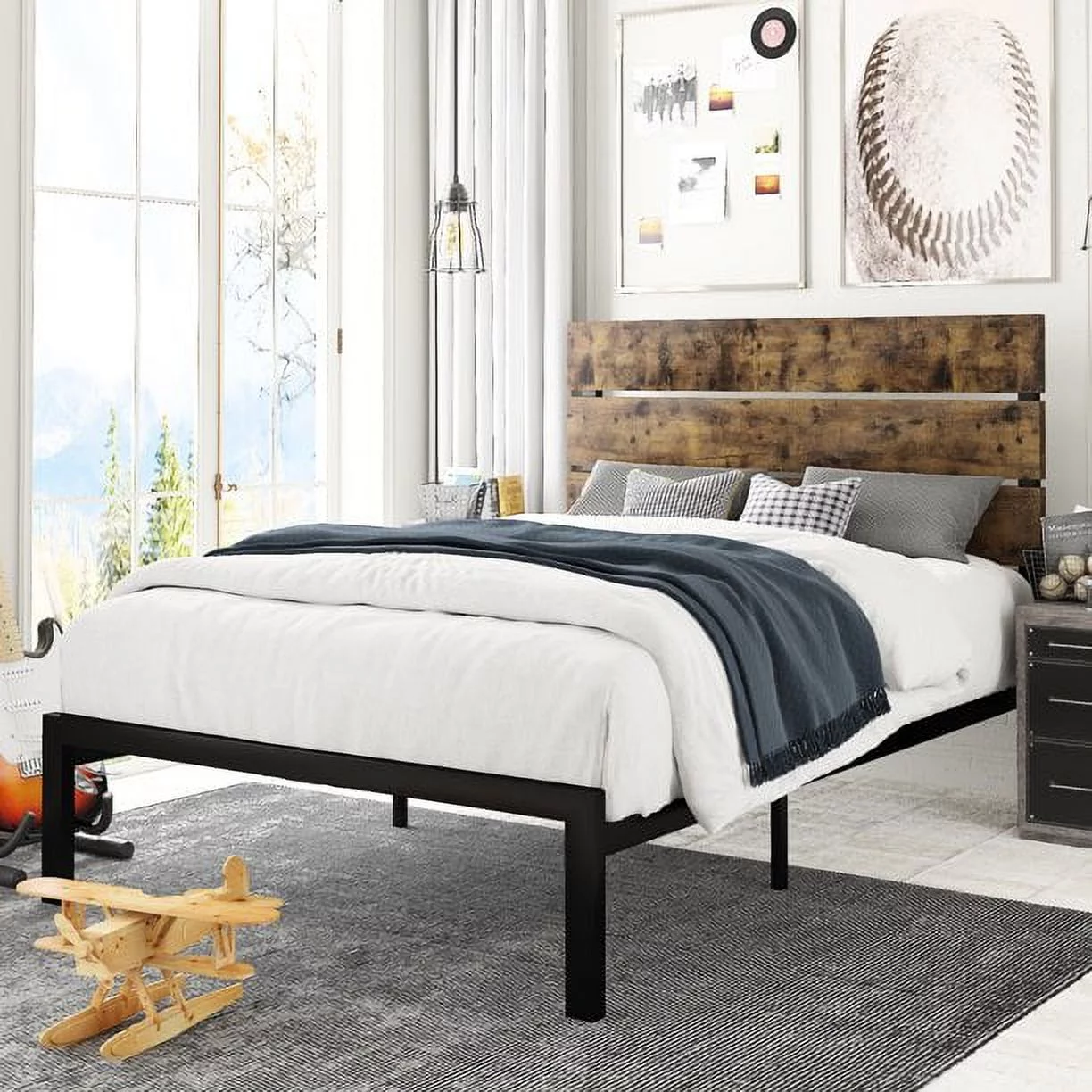 Amolife Twin Size Platform Bed Frame with Wood headboard and Metal Slats, Rustic Country Style Mattress Foundation, Dark Brown