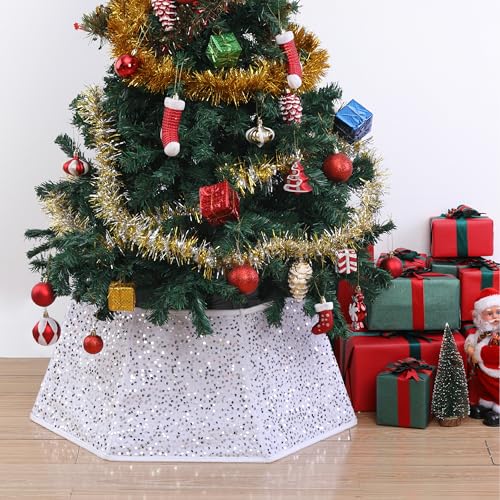 Mr. Pen- Silver Sequin Christmas Tree Skirt and Tree Collar, 36 Inch Base Cover, 24.8 Inch Foldable Sparkling Sequin Trees Skirt Collar, Silver Sequin Tree Skirt, Christmas Skirt Tree