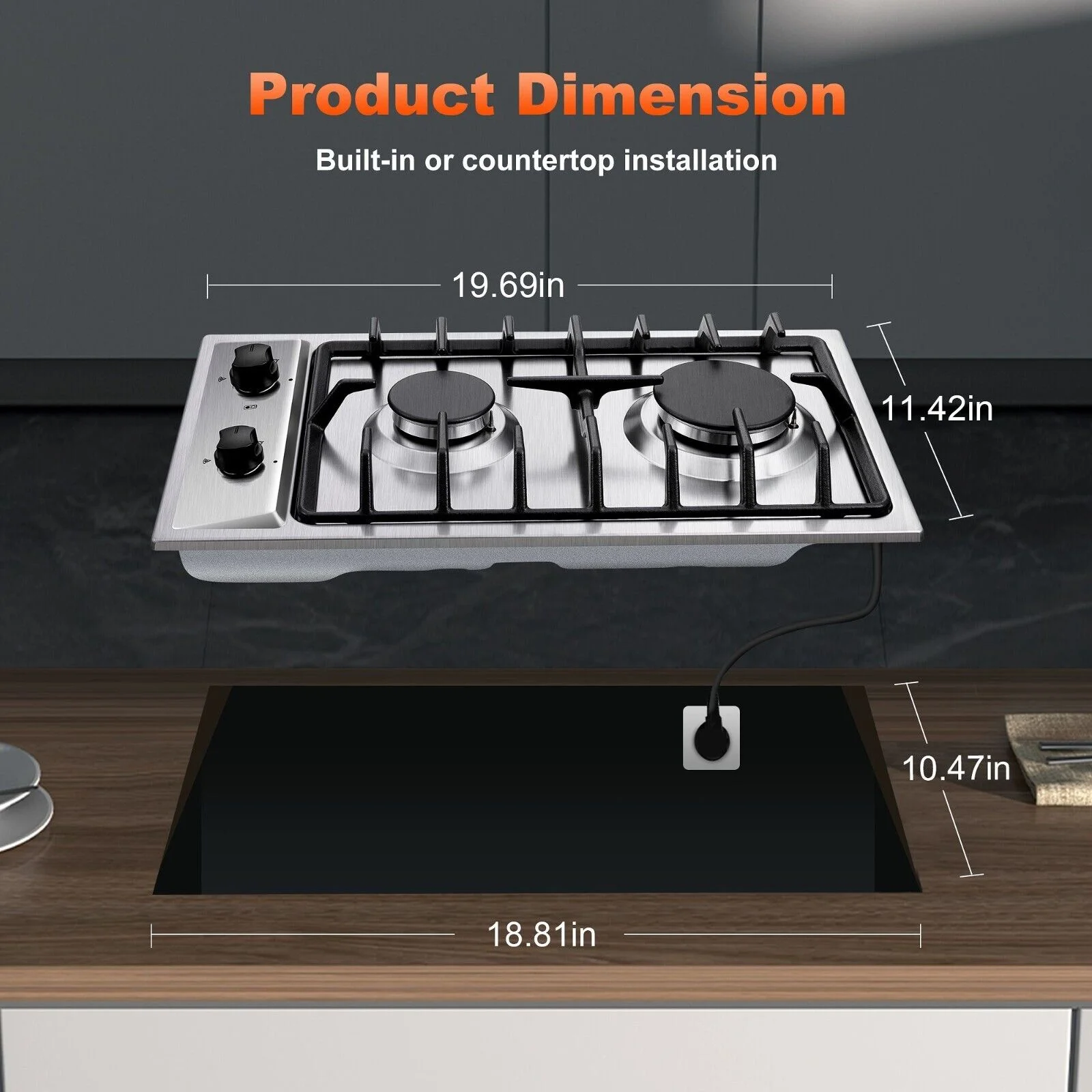 2-Burners Gas Cooktop 12 inch Stainless Steel Kitchen Gas Hob NG/LPG Convertible Built-In Integrated
