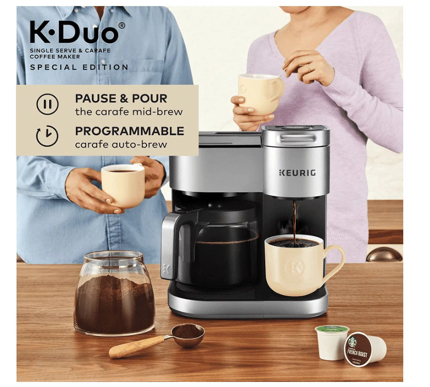 Keurig K-Duo Special Edition Coffee Maker, Single Serve and 12-Cup Drip Coffee Brewer, Compatible with K-Cup Pods and Ground Coffee, Silver