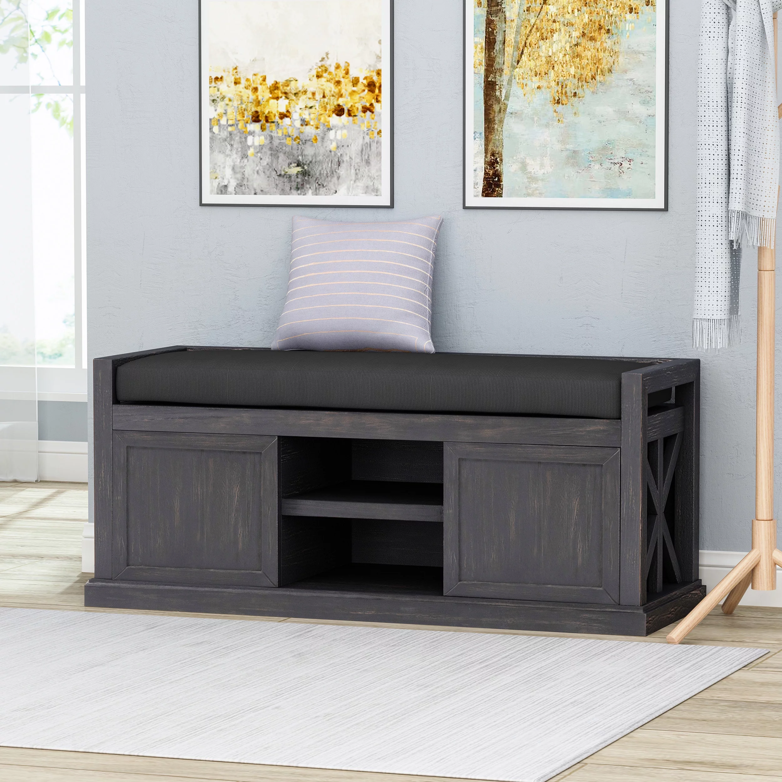 GDF Studio Vector Farmhouse Acacia Wood Storage Bench with Cushion, Sandblast Dark Gray and Black