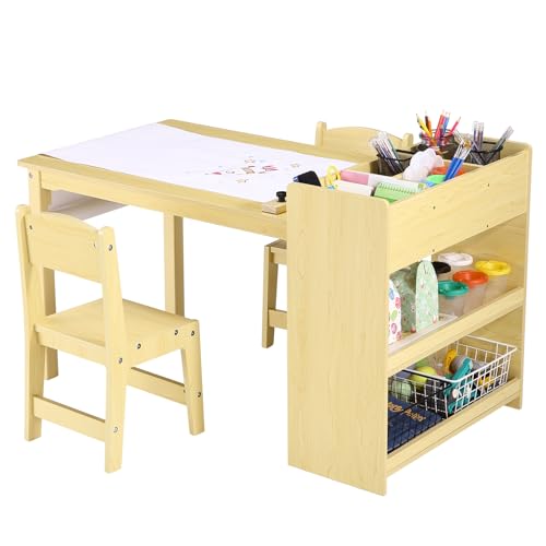 Kids Art Table with 2 Chairs, Toddler Craft Play Wood Activity Desk with Large Storage Shelves for Writing Drawing,Nursery, Children's Wooden Furniture for Classroom Daycares,Home
