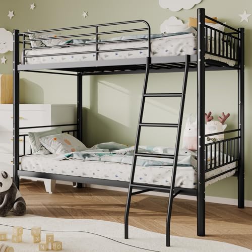 Metal Bunk Bed Twin Over Twin，Loft Bed with Removable Ladder and Full-Length Guardrail，Twin Bunk Beds Frame Heavy Duty Metal Slat Support for Adults, Kids and Young Teens