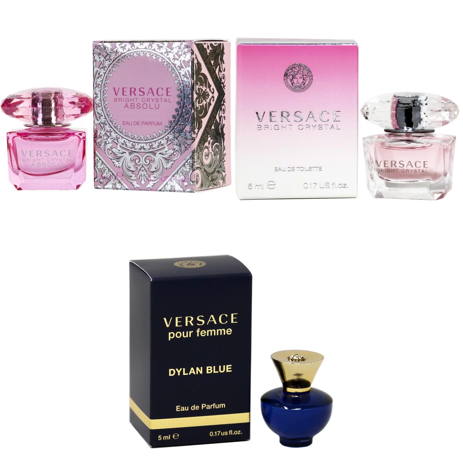 Versace Bright Crystal Absolu EDP, Bright Crystal EDT, Dylan Blue Femme EDP  - 5ml 3PK Kit