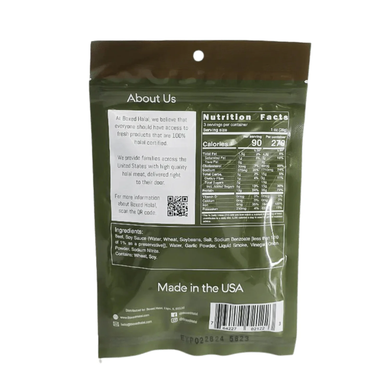 BOXED HALAL Premium 100% Grass-Fed Jalapeño Garlic Beef Jerky Strips, 13g Protein, HFSAA Certified Halal, Keto Friendly Snack, 3 Oz. Bags (3 Pack)