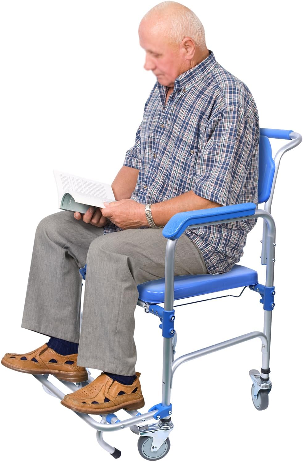 Shower Commode Wheelchair with 4 Universal Wheels, Foldable Pedal, Arms, Bucket, 330Lbs Capacity, 5.74FT Portable Commode Chair for Handicap, Elderly, Injured and Disabled