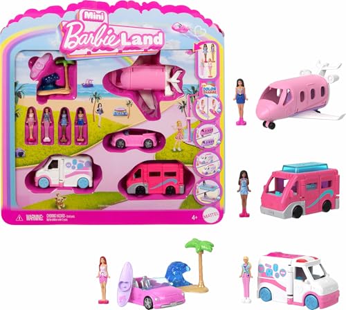 Barbie Mini BarbieLand DreamHouse & 3-Vehicle Playset with 4 1.5-Inch Dolls, Doll House Furniture & Accessories, Includes DreamCamper, Boat & Plane