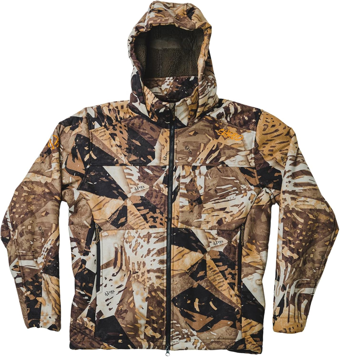 VEIL CAMO Men��s Fleece Chaos Jacket �C Noise Reduction Grid Face, Windproof, 4-Way Stretch, 3 Large Pockets & Attached Hood