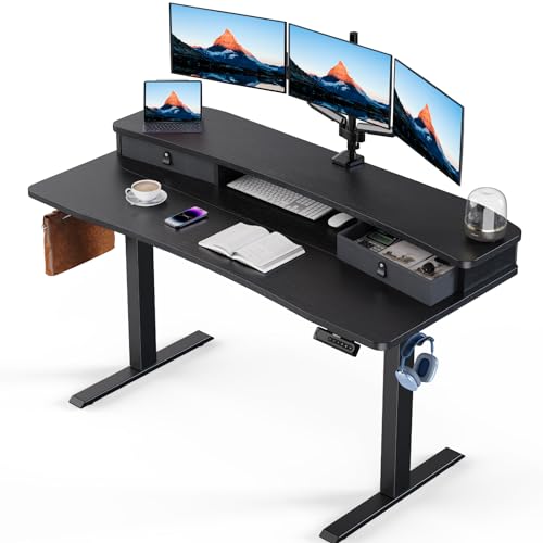 HUANUO 48″ x 24″ Electric Standing Desk with 2 Drawers, C-Clamp Mount Compatible, Height Adjustable Computer Desk, Home Office Stand Up Desk with 4 Preset Heights & 2 Hooks, Black