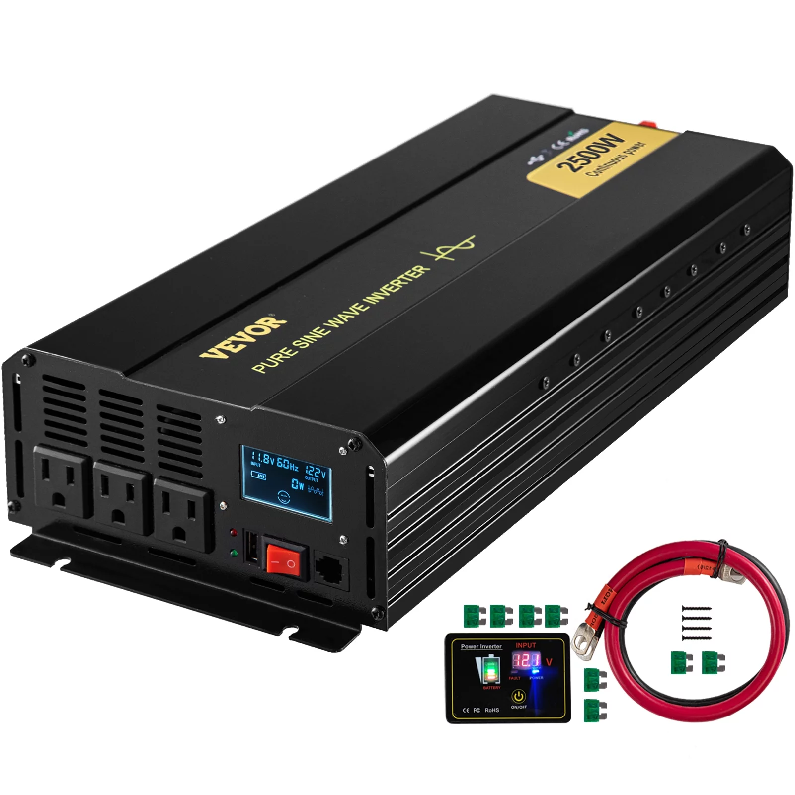 VEVOR 2500 W 5000W Pure Sine Wave Inverter, DC 12V to AC 120V Car Inverter with USB Port, LCD Display, and Remote Controller Power Converter