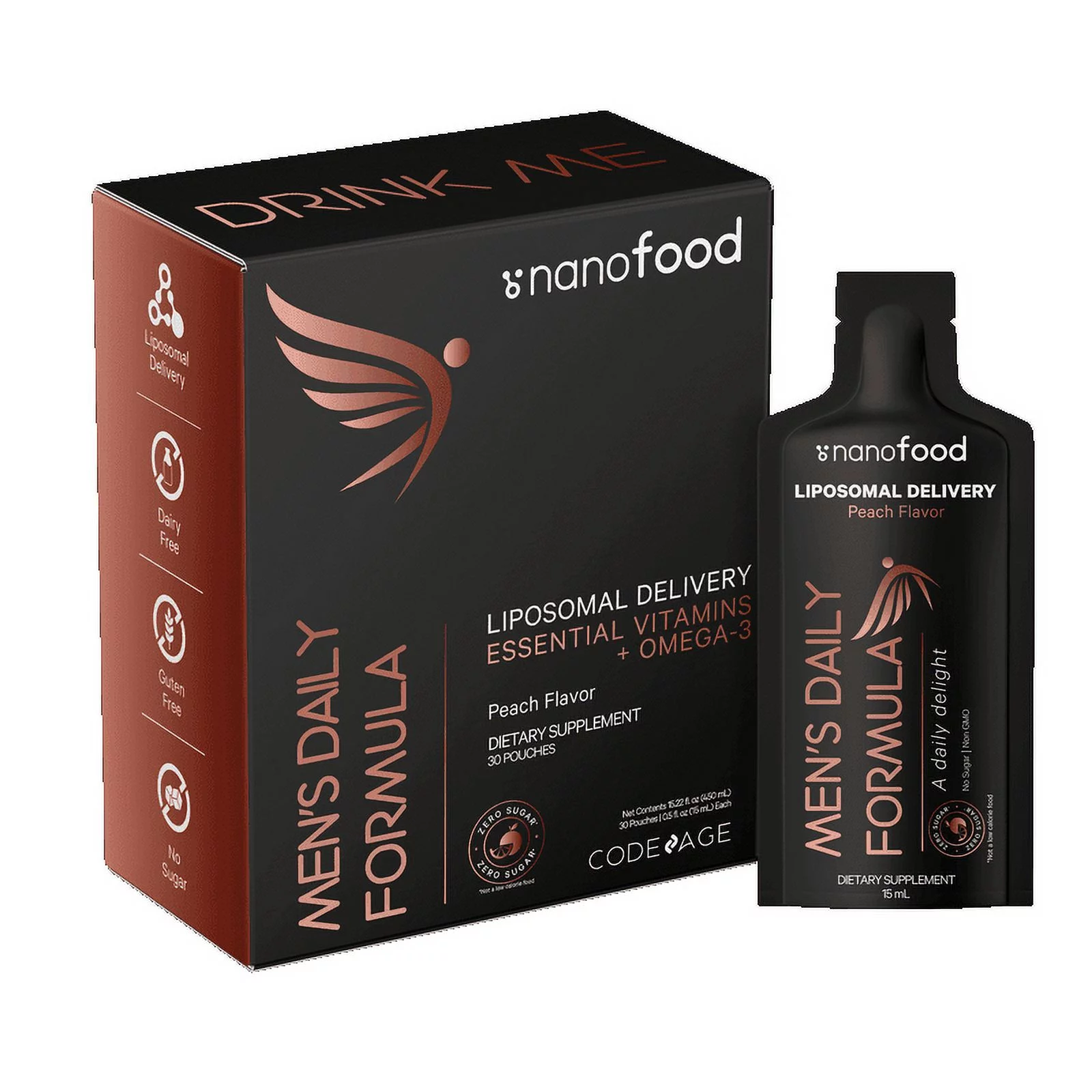 Codeage Nanofood Men's Daily Multivitamin Liquid Supplement, Vitamins A B C D3 E, Omega-3, Terpenes, Liposomal Delivery, Sugar-Free, 30 Pouches