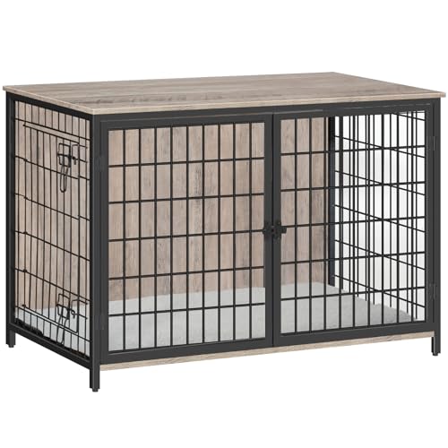 Dog Crate Furniture with Cushion, Wooden Dog Kennel with Double Doors, Heavy Duty Dog Cage for Small/Medium/Large Dogs, Indoor Dog House End Table, 31.5