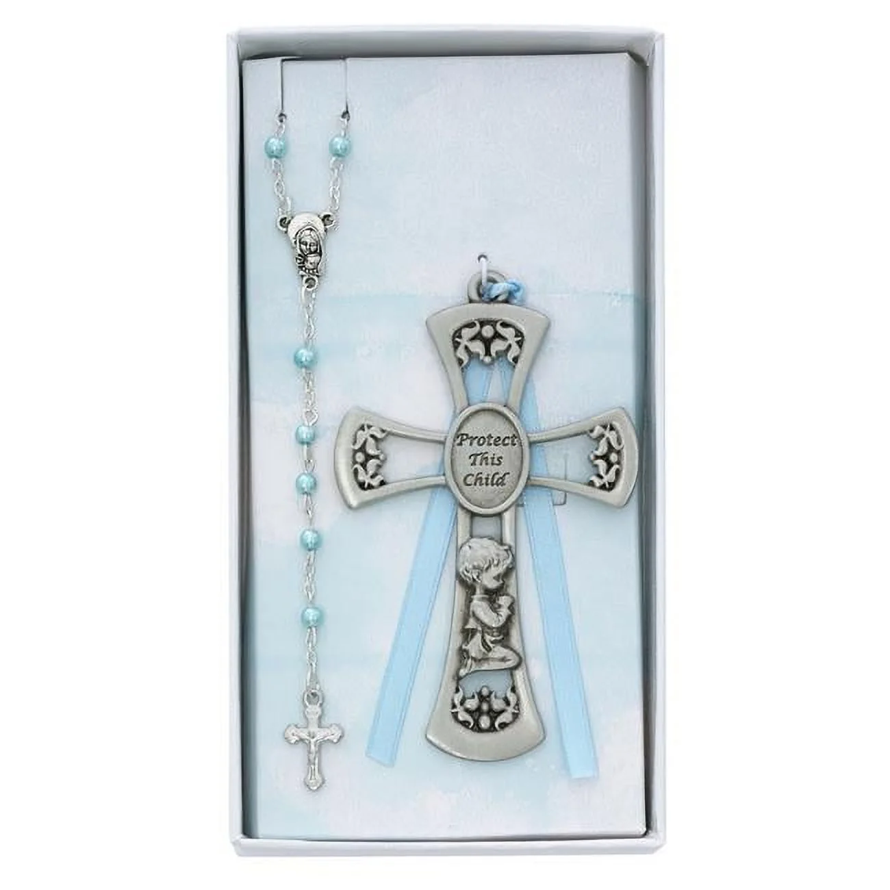 McVan  3 mm Baby Boy Crib Cross & Rosary Set - Blue