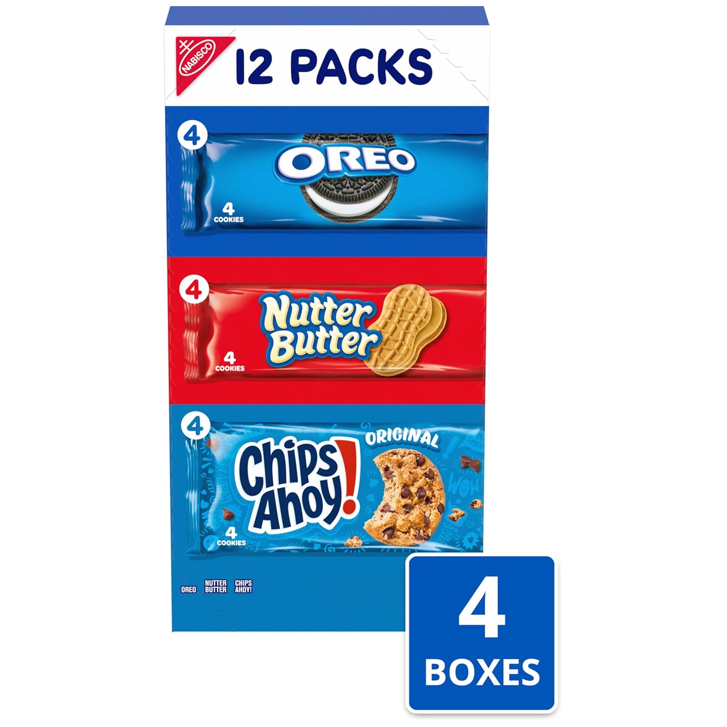 Nabisco Cookies Variety Pack, OREO, Nutter Butter, CHIPS AHOY!, 48 Snack Packs (4 Cookies Per Pack, 4 Boxes)
