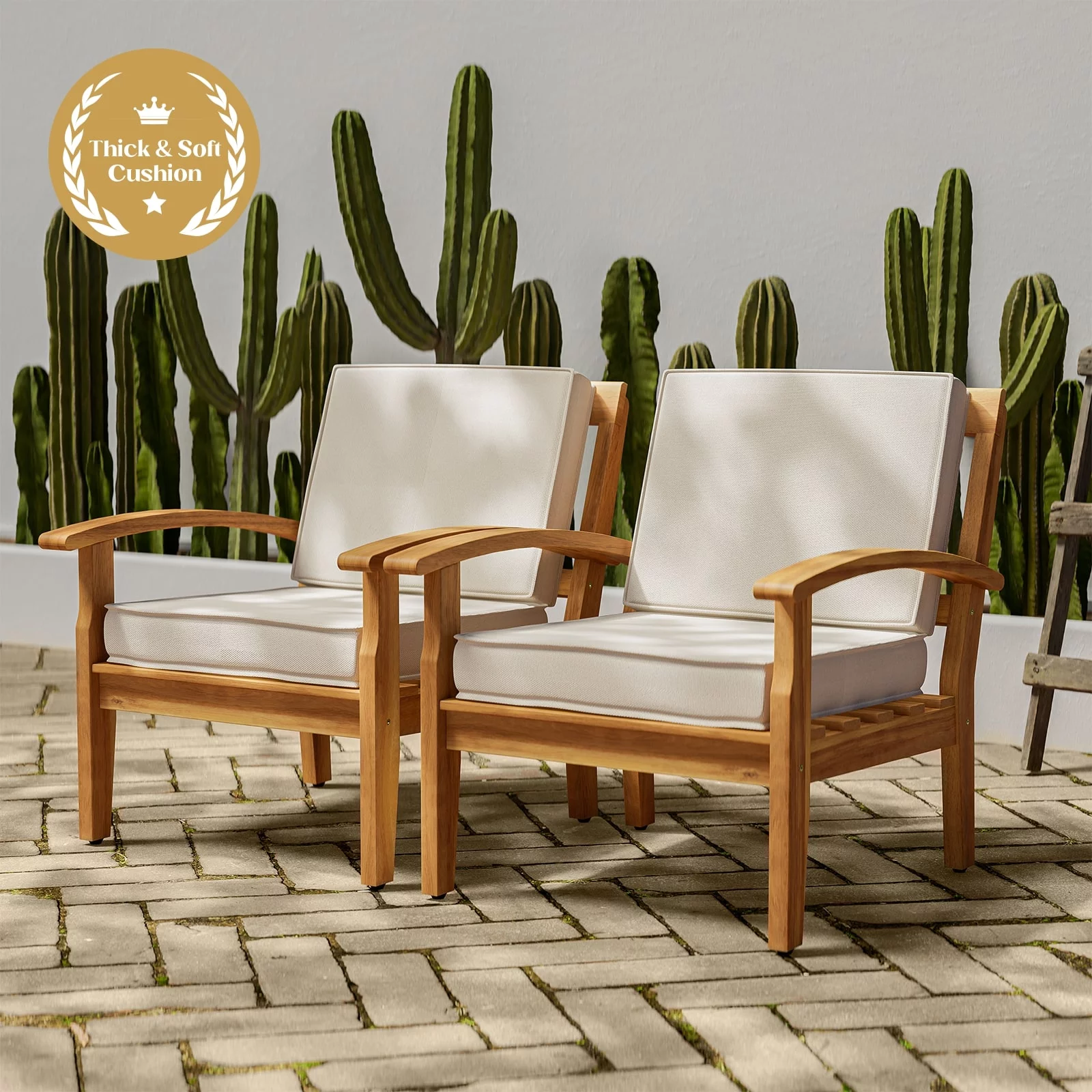 AILE Premium Acacia Patio Wood Club Chairs Set of 2, Teak Finish Furniture Sets with Thick Cushion