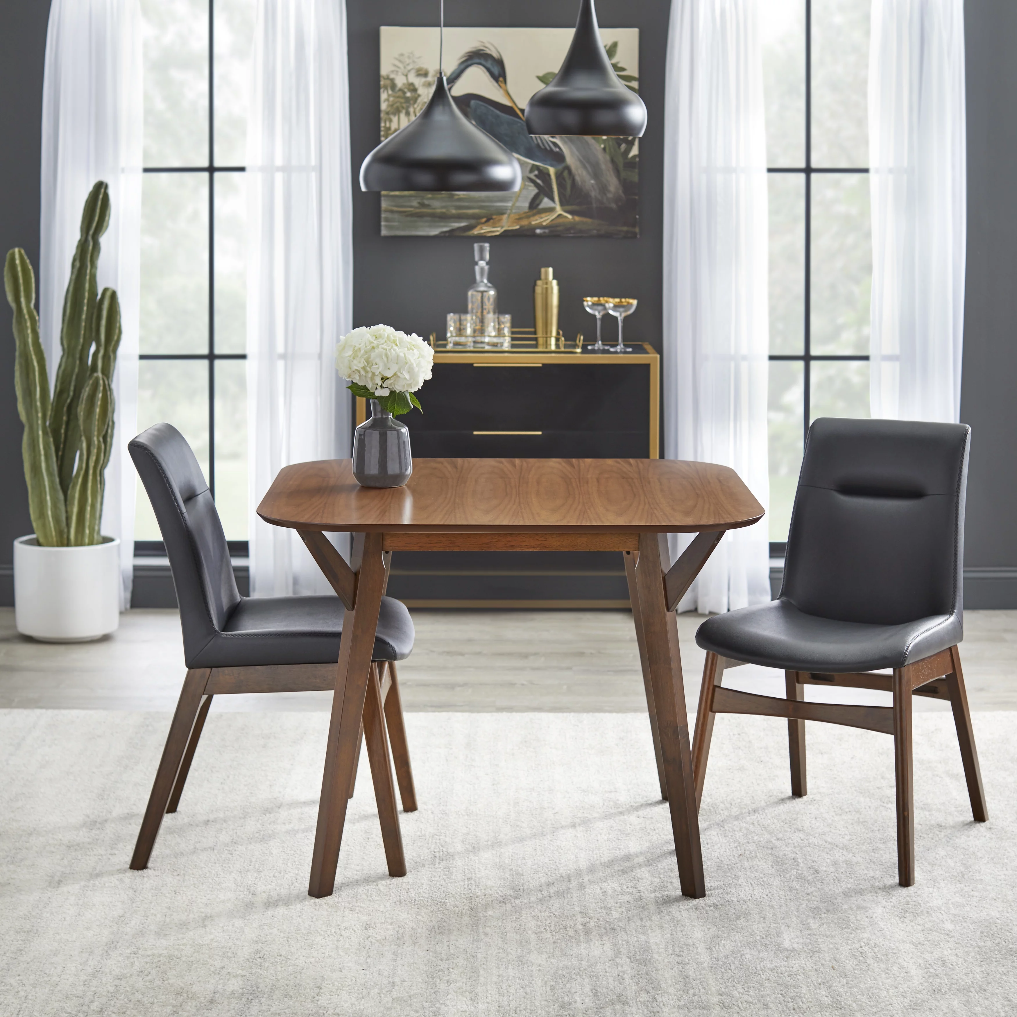 TMS Vance Mid-Century Faux Leather Dining Chair, Set of 2, Black/Walnut