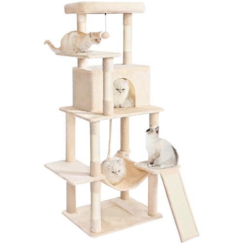 Cat Tree Tower 63in Multi-Level Cat Tower for Indoor Cats with Sisal Scratching Posts, Condo, Hammock, Dangling Ball and Extended Platform for Cats to Play, Dark Grey